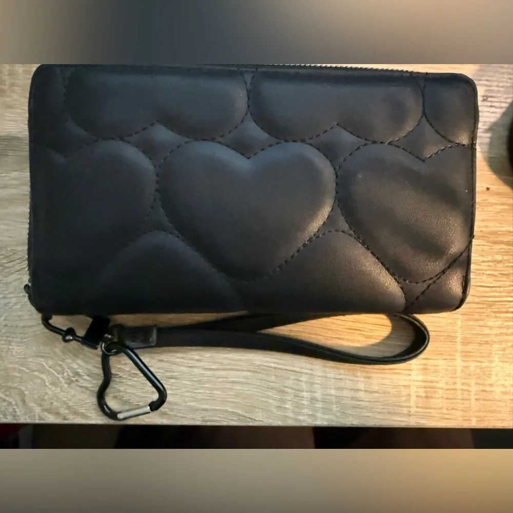 Betsey Johnson Black Quilted Heart Wristlet with Detachable Strap
